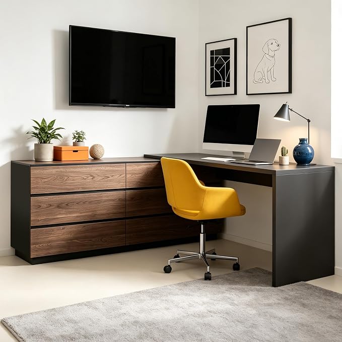 Retractable L-Corner Computer Desk with 6 Organizer Drawers for Games, Make-up, Home Office, Walnut