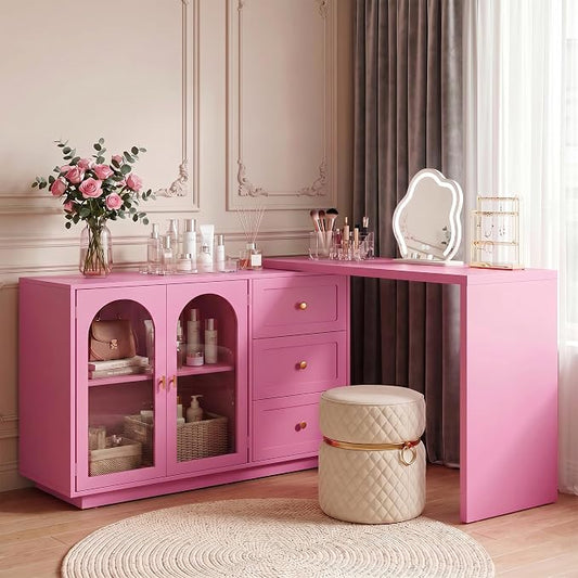 FansaFurn 83" 3-in-1 Vanity Table with 3 Drawers & 2 Doors, Extendable Makeup Vanity Desk, Morden Dressing Table for Bedroom, Dressing Room, Pink