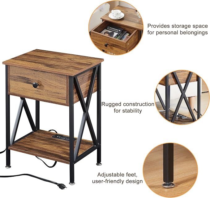 VECELO Nightstand, Bedside End Tables with Charging Station, USB Ports, Drawer Shelf, Night Stand for Bedroom Living Room 1-Pack, Brown