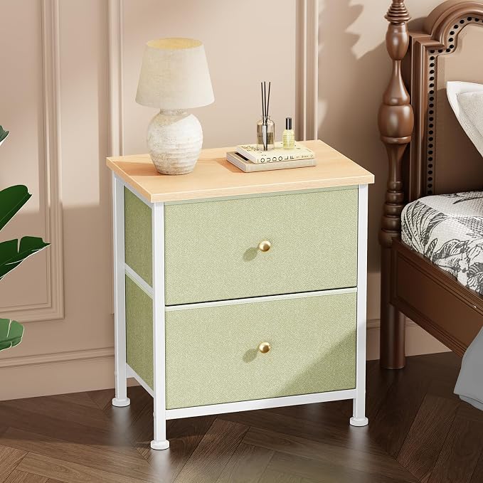DUMOS Nightstand, Bedside Table for Bedroom, Small Dresser, 2 Fabric Drawer | Side/End Tables with Drawers, Storage Cabinet Furniture, 20 Inch Night Stand for Closet, Entryway, Light Green