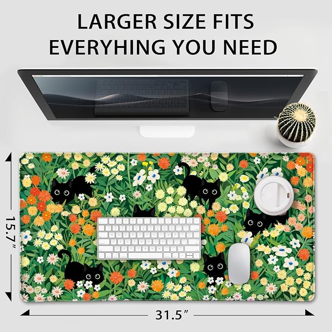 Cute Flower Cat Large Gaming Mouse Pad 31.5"x15.7", Flower XXL Desk Mat, Non-Slip Rubber Base & Stitched Edges Extended Mousepad for PC/Laptop/Office/Home Decor