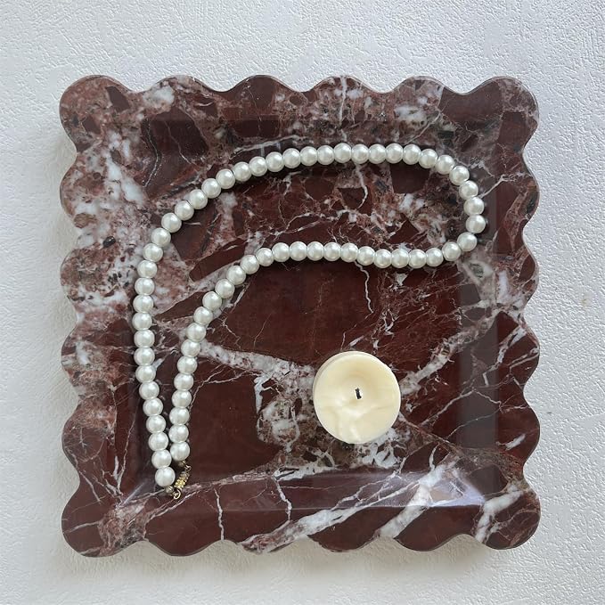 Vintage Natural Marble Tray Small Ornaments Scalloped Tray Handmade Storage Dish for Counter, Vanity, Dresser, Nightstand and Desk (Rosa Levanto)