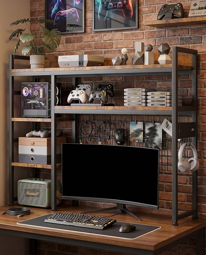 SANYOUNG 45.3" Desktop Hutch Bookshelf with Power Outlet, Heavy-Duty Desk Shelf Bookcase with Grid Panel, 3 Tier Adjustable Countertop Organizer Rack, for Home Office, Dorm, Rustic