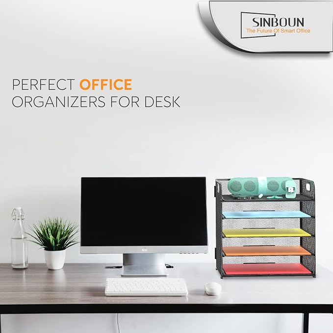 2 Pack Letter Tray 5-Tier Desk Organizer File Paper Holder with Handle, Metal Desktop Document Shelf Tray Office Classroom Organization - Black