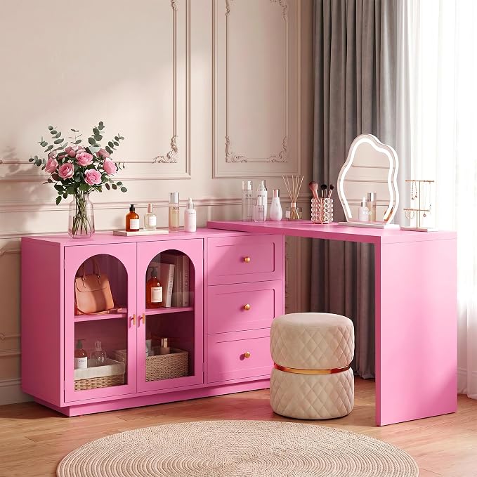RoyalCraft 83" Makeup Vanity Desk, Pink Vanity Dresser, L Shaped Corner Vanity Table with 3 Drawer & 2 Door, Modern Extendable Dressing Table for Bedroom, Dressing Room, Small Space (Without Mirror)