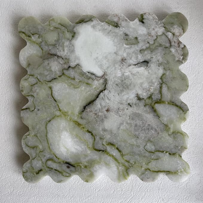 Vintage Natural Marble Tray Small Ornaments Scalloped Tray Handmade Storage Dish for Counter, Vanity, Dresser, Nightstand and Desk (Green Emerald)