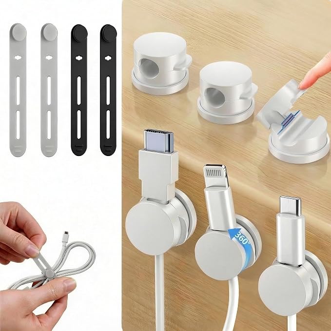10 Pack Rotatable Cord Holder Organizer & Silicone Cable Straps Set | Adhesive Cable Clips Holder for Desk, Wall, Car - Wire Management Clips for iPhone Charger, USB, Computer Cables Cord Keepers
