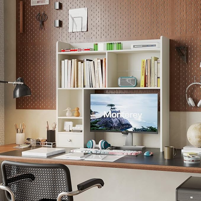 ChooChoo Desktop Bookshelf, 36.4" Tall Countertop Desk Hutch with 5 Shelves and 1 Drawer for Computer Desk, Desk Shelf Organizer for Dorm Office Home,White