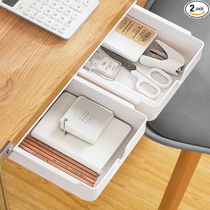 FRETONBA 2 Pack Under Desk Drawer Self-Adhesive Hidden Desktop Organizer, Attachable Desk Drawer Slide Out, Table Storage Tray for Stationery Home Office Organization Medium White