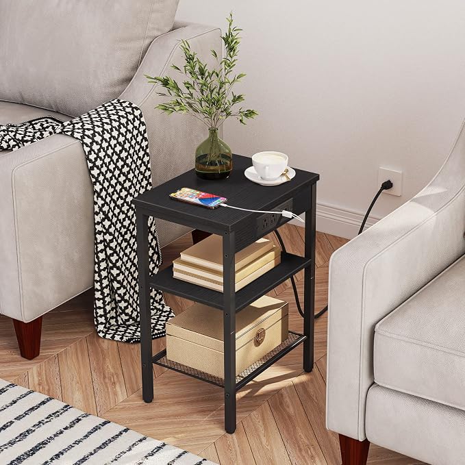 HOOBRO Side Tables Set of 2 with Charging Station and USB Port, Small End Tables for Small Space, 3-Tier Nightstands with Adjustable Shelf, for Living Room, Bedroom, Black BB112BZP201