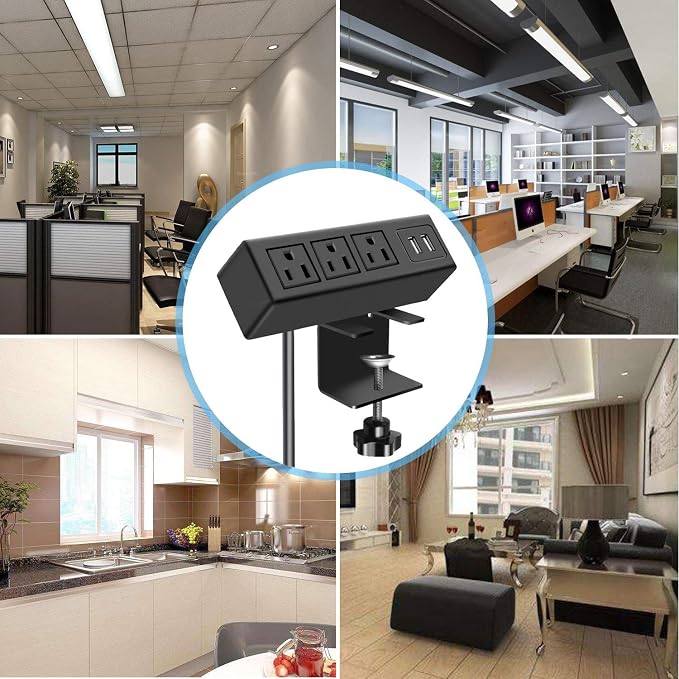 3 Outlet Desk Clamp Power Strip, Desktop Power Strip with USB Ports, Desk Mount USB Charging Power Station, on Desk Edge Power Outlet 125V 12A 1500W, 10 FT Desk Outlet Strip. (10FT, Black)