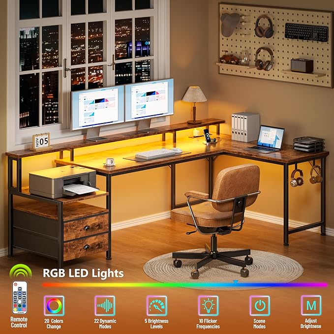 66'' L Shaped Desk with Power Outlets and USB-C Port, Reversible Office Desk with drawers and Storage Shelves, Computer desk with Led Lights and Host stand for Home Office, Gaming, Work, Rustic Brown