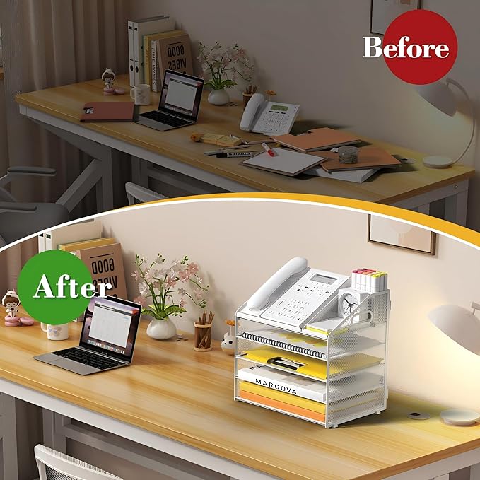 Letter Tray Paper, 5 Tier Desk Organizer with Pen Holder and Handle, Mesh File Organizer Paper Sorter Metal Desktop Document Shelf for Office Home Classroom - White