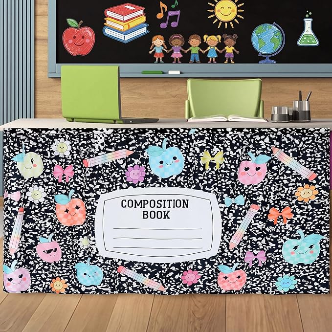VitalCozy Composition Notebook Table Skirt for Classroom Teacher 28" W x 51" L Desk Skirts Teacher Appreciation Week Back to School Gifts for Kindergarten Classroom Office Bookcase Decoration