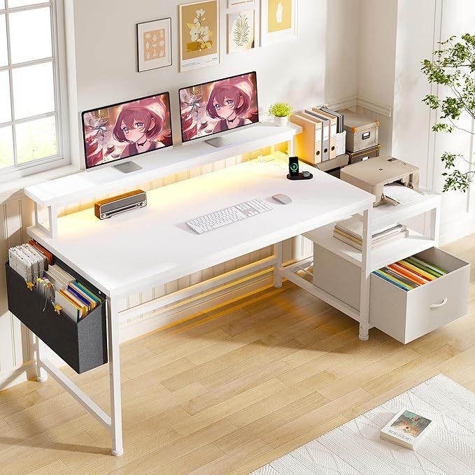 EnHomee 56.5" Office Desk with Drawers and Printer Space,Computer Desk with Power Outlets,Home Office Desks with File Drawers Cabinet,Study Writing and Gaming Desk with Shelves Monitor Stand,White
