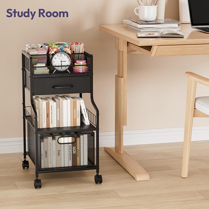 SWTYMIKI Under Desk Storage Cart- Art Storage Cart with Drawers & DIY Divider - Office Cart Organizer Under Desk Shelf, Craft Rolling Cart for Office, Craft Room & Studio Black