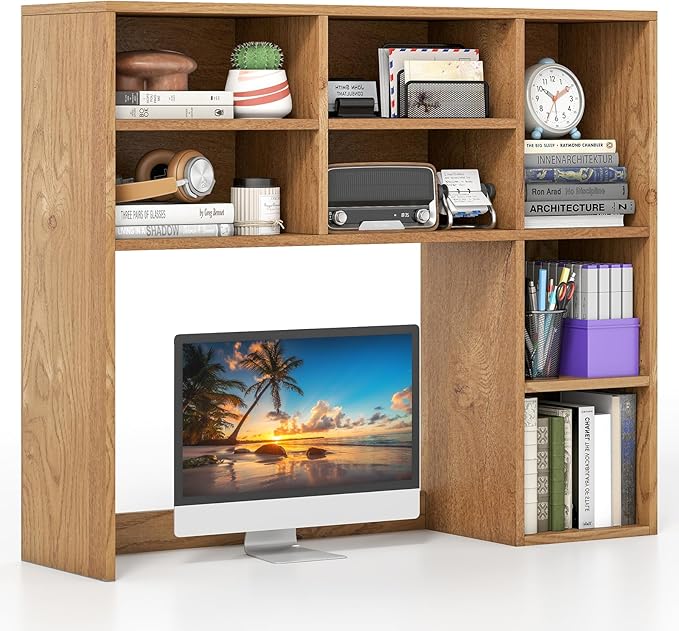 Giantex Desktop Bookshelf, Desk Hutch Dorm w/ 7 Cubes & 3 Adjustable Shelves, Desk Shelf for Up to 27" Computer Monitors, Wooden Desktop Storage Organizer for Dorm College Office Homem, Natural
