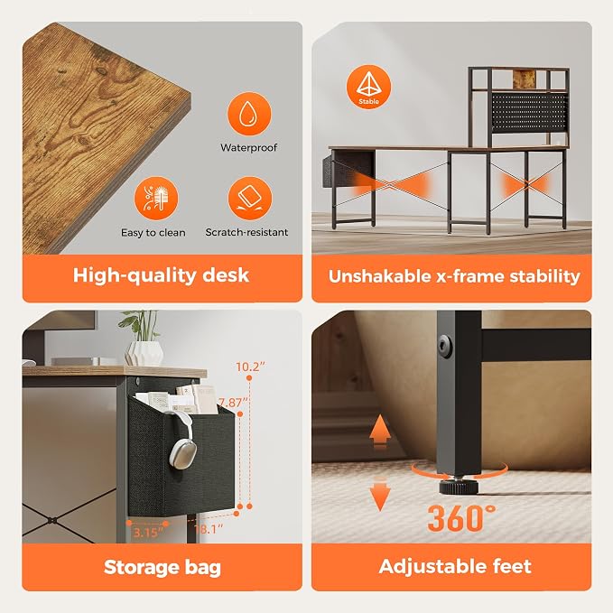 Mericonia 51 inch Large L Shaped Desk with Pegboard Hutch & Shelves, Corner Gaming Desk with Power Outlet, LED Light & Storage Bag, Reversible Computer Desk for Home, Bedroom, Office Workspace, Brown