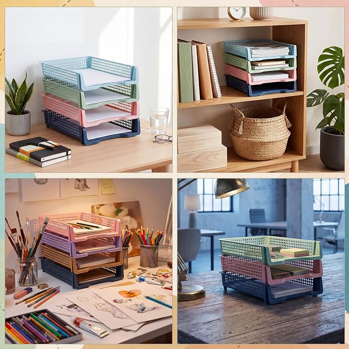 Weysat 12 Pcs Turn in Trays Classroom, Stackable Paper Tray for Classroom Organization Plastic Desk File Organizer Bin Basket for Library Drawer Teacher Office Document Storage (Morandi Pastel,Narrow)