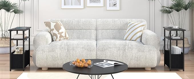 sthmec Narrow Side Table with Charging Station, Small End Table for Small Spaces, Skinny Nightstands with Storage Basket, 3 Tier Sofa Couch Bedside Tables for Living Room,Bedroom, Black