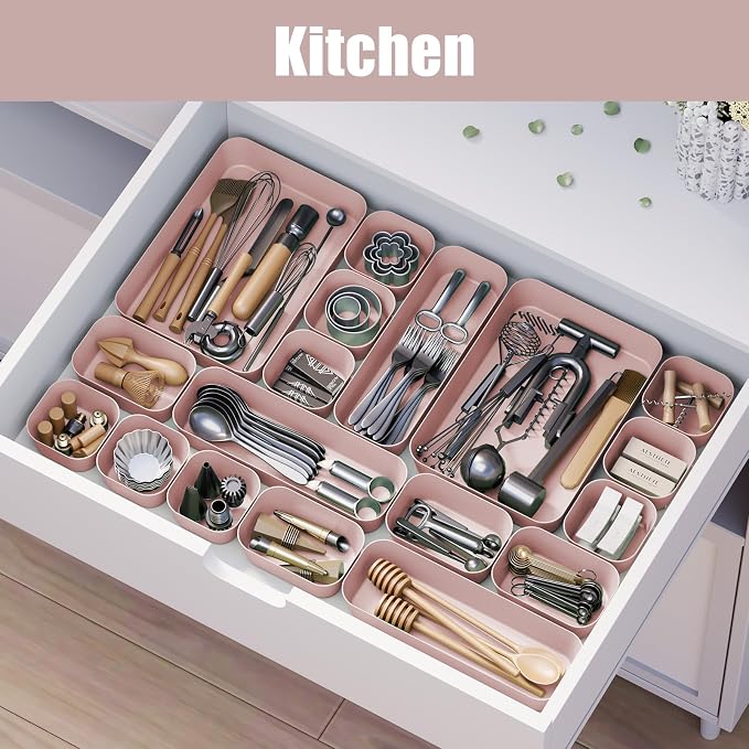 Plastic Drawer Organizers, 18 PCS Bathroom Drawer Organizer Bins, Desk and Vanity Organizer Plastic Tray, Makeup organizer and storage for Bedroom, Kitchen Gadgets Utensils and Office (Pink)