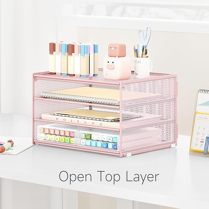 Lavatino 3-Tier Letter Tray Desk Paper Organizer – Pink Mesh Metal File Tray Organizer for Desk, Office Supplies & Home Organization | Fits A4/Letter Paper, Mail, Magazines and Office Accessories