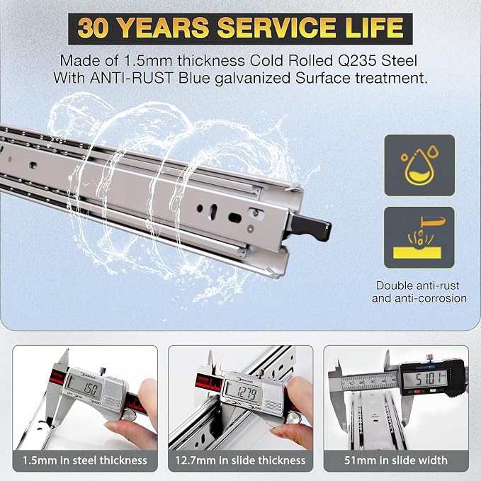 YENUO Heavy Duty Drawer Slides Full Extension with Lock Side Mount 14 16 18 20 22 24 26 28 30 32 34 36 40 Inch Ball Bearing Metal Rails Track Guide Glides Runners 80 Lbs (with Lock, 36 inch)