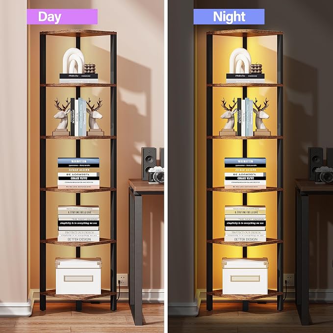 TUTOTAK Corner Shelf with LED Light, 6-Tier Corner Bookshelf for Small Space, Narrow Display Corner Shelf Stand with Storage Rack, for Living Room, Bedroom, Rustic Brown BS08BB006L