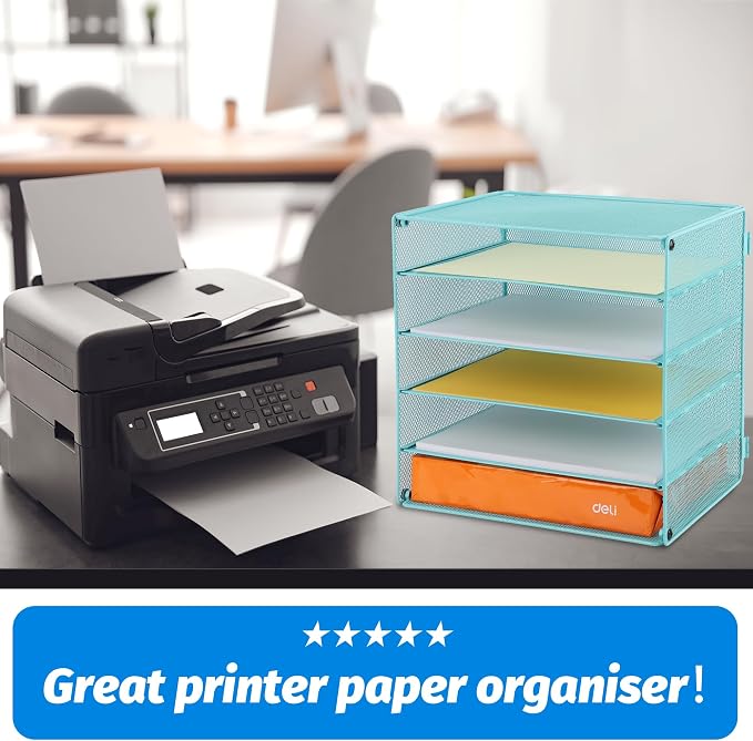 EASEPRES 5 Slot Mesh Desk Organizer Tray, File Paper Letter Folder Holder Desktop Paper Sorter Mail Organization Rack Storage Accessories, for Office Home School Classroom, Blue