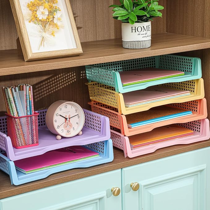 Teenyyou Set of 12 Colorful Turn in Trays Classroom Plastic Stackable Paper Tray Classroom Teachers Desk Organizer Bin for Office Home Teachers Organization and Storage,9 x 13 x 3 Inches(Morandi)