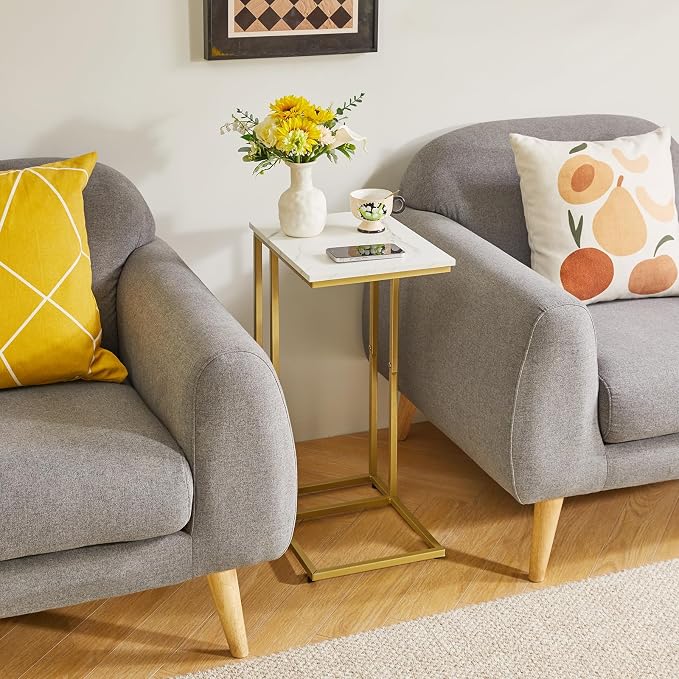 Aibiju Small Side Tables C Shaped, End Table Set of 2, Small Table Stand for Living Room Bedroom, lLittle Bedside Table Faux Marble+Gold YD-TM051G-2