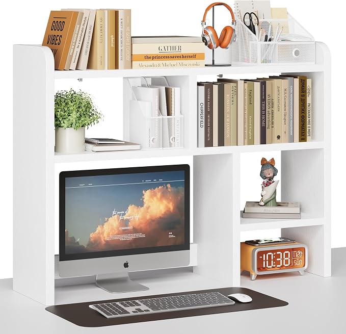Desk Shelf, Desktop Hutch with 6 Storage Areas, Desktop Organizer Shelf with 27" Large Monitor Compartment, Multipurpose Wood Desktop Display Rack for Computer Desk, Dorm, Office, Home (White)