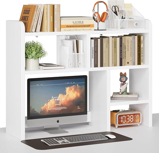 Desk Shelf, Desktop Hutch with 6 Storage Areas, Desktop Organizer Shelf with 27" Large Monitor Compartment, Multipurpose Wood Desktop Display Rack for Computer Desk, Dorm, Office, Home (White)