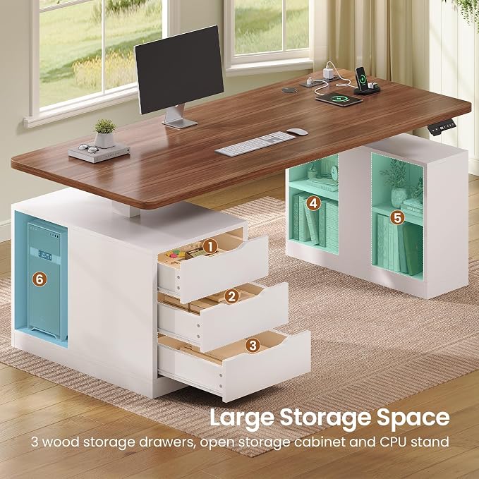 SEDETA Modern Electric Standing Desk, 63" Height Adjustable Computer Desk with 3 Drawers, Storage Shelves, Power Outlets, Wood Home Office Stand up Desk for Work, Study, Writing, White + Brown