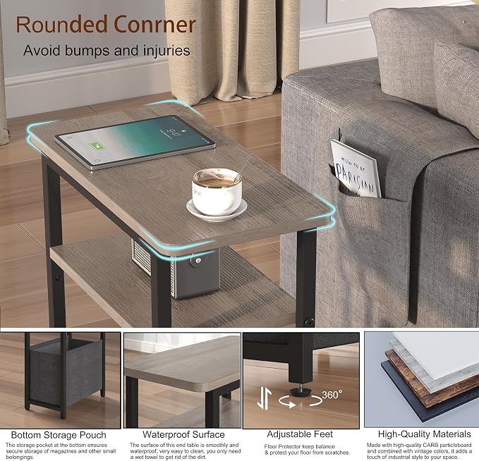 sthmec Narrow Side Table, Skinny End Tables with Fabric Basket, Small Side Tables for Small Space, 2-Tier Open Shelves with Basket, Slim Nightstands for Bedroom,Living Room,Office, Grey