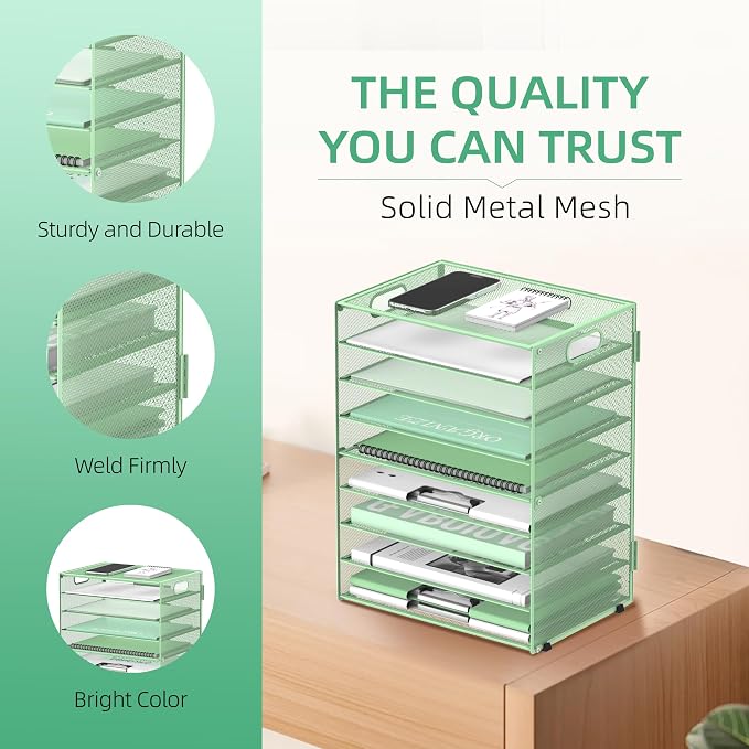 DALTACK 9-Tier Paper Organizer for Desk, Mesh Letter Tray Desk Organizer with Handles, Space-Saving File Organizer for Office Home School Classroom, Mint Green, 2 Pack