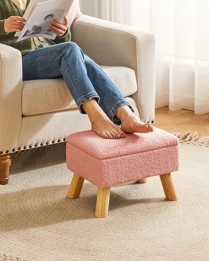 YMYNY Storage Ottoman,Small Foot Stool, 15.75"×11.81"×11.02" Pink,HBD042P | Teddy Velvet ,Sturdy Wood Legs, Foot Stool with Padded Seat, For Living Room Bedroom Couch Entryway