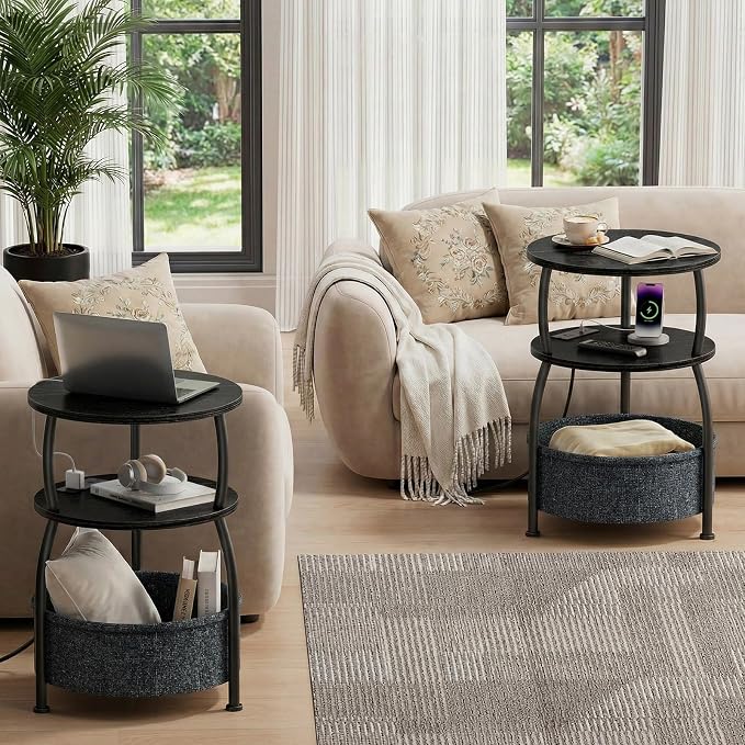 Small Side Table with Charging Station and Type C, Small Coffee Table with Basket, Space Saving End Table 3-Tier Bedside Corner Table Stand for Living Room, Bedroom, Garden 15.75in Classic Black