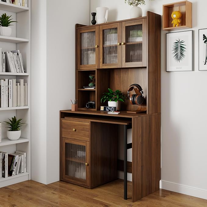 Computer Desk with Hutch and Rotating Desktop, Walnut Corner Study Desk with Glass Door Storage Cabinets and Fold Out Shelf for Home Office, Craft Cabinet with Fold Out Table (Walnut)