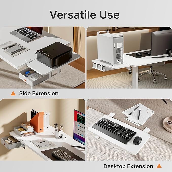 PEGZONE Desk Extender Tray, 24" x 12" Clamp On Desk Shelf, Desk Extension with Storage Drawer, Table Desk Arm Rest, Clamp On Keyboard Tray for Office and Home, Workstation Organizer, Medium, White