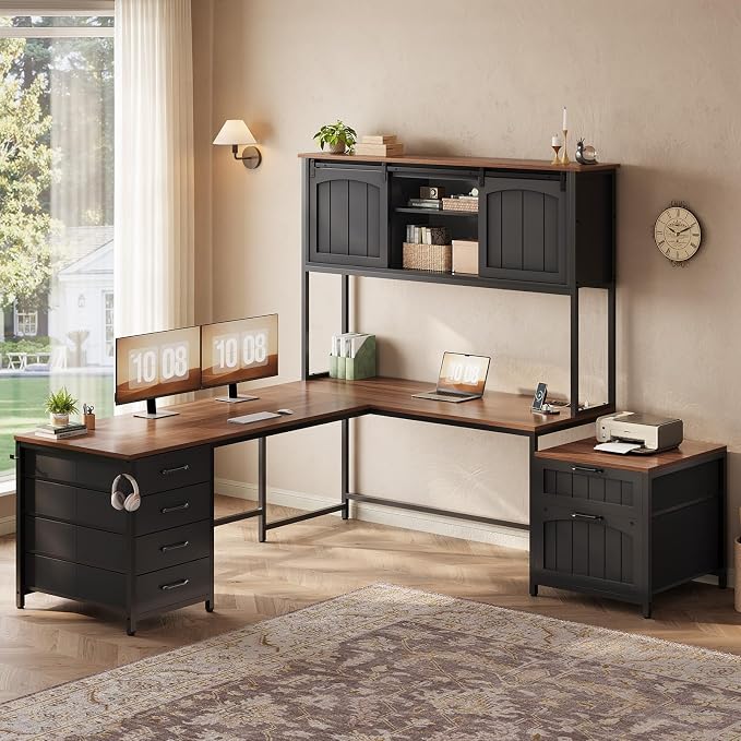 SEDETA Farmhouse L Shaped Office Desk with 6 Drawer, Reversible Computer Desk with Power Outlet, Hutch for Home Office/Two Person, Corner Desk with File Drawer & Printer Storage Shelves, Black