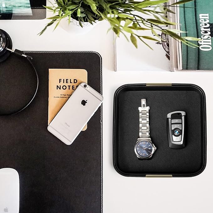 SANZIE Luxury Leather Desktop Storage Small Catchall Organizer Decorative Tray for Entryway Table to Hold Jewelry Watch Cosmetics Keys Phone Wallet, Home & Office Accessories (Metal Gilded, Black)