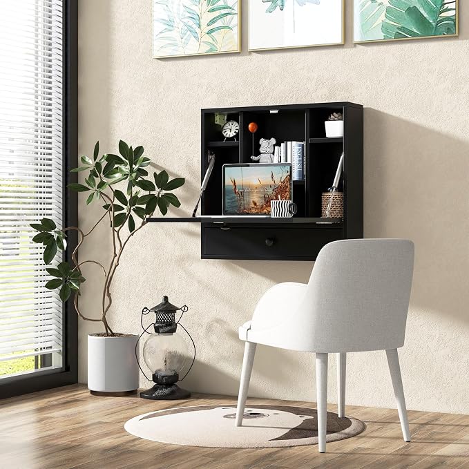 Tangkula Wall Mounted Desk, Folding Floating Wall Mount Laptop Desk, Space Saving Wall Mounted Table with Storage Drawer & Shelves (Black)