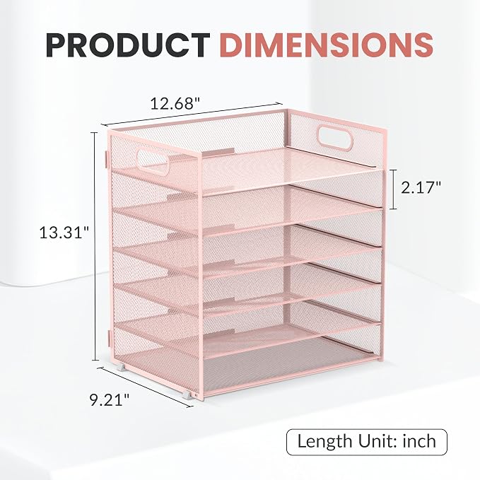 Daltack 6 Tier Paper Organizer for Desk, Paper Letter Tray Organizer for Desks, Mesh Desk File Organizers with Handle for Office, Home, School, Pink