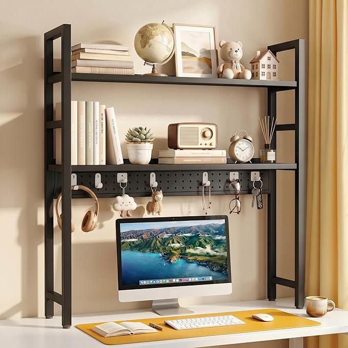 Brakki 2-Tier Desk Shelf, Desk Hutch Bookshelf, Desktop Shelf Bookcase with Pegboard and Hooks for Computer Monitor, Metal Desktop Hutch Storage Organizer for Dorm Home Office, 30" W， Black
