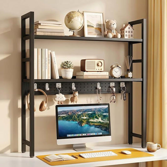 Brakki 2-Tier Desk Shelf, Desk Hutch Bookshelf, Desktop Shelf Bookcase with Pegboard and Hooks for Computer Monitor, Metal Desktop Hutch Storage Organizer for Dorm Home Office, 30" W， Black