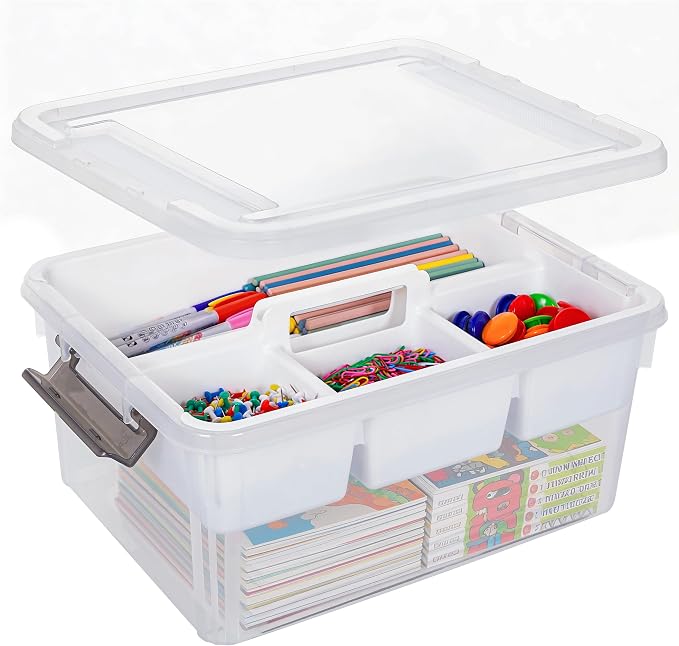 Citylife 17 QT Plastic Storage Bins Clear Storage Box with Removable Tray Stackable Latching Box with Handle for Organizing Tool, Craft, Office, Bead