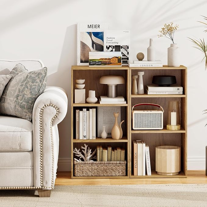 3 Shelf Bookshelf, 31.5” Small Bookcase with 2 Adjustable Shelves, Wooden Bookshelves and Bookcases, Modern Display Shelf, 3 Cube Storage Organizer for Home Office Bedroom (Natural)