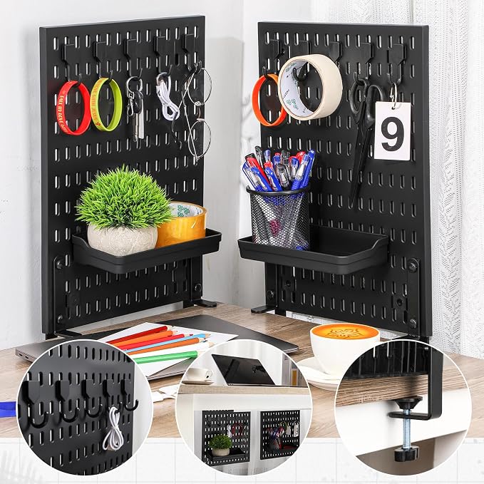 Marspark Clamp-on Desk Pegboard 2-pack (24" x 16" Combined Size) Privacy Divider & Desk Partition Panel Office Accessory Organizer No-drill Mounted Pegboard for Home, Office, Gaming, Black