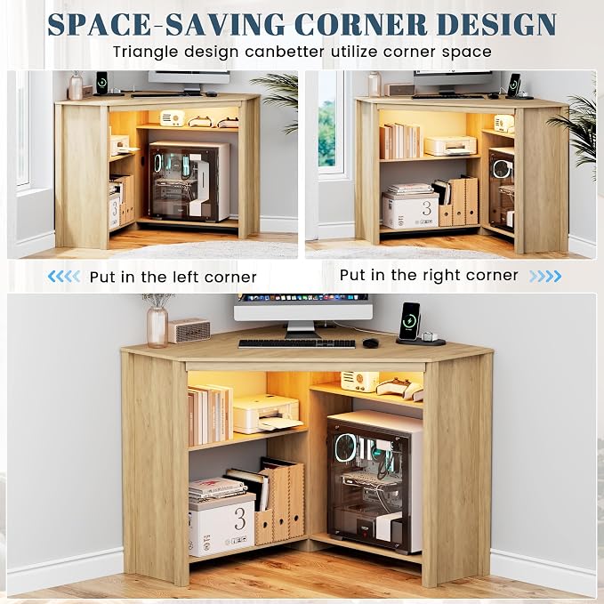 Corner Desk with Charging Station & LED Light, Triangle Corner Desk with CPU Stand & Storage Shelves, Gaming Computer Desk for Home Office
